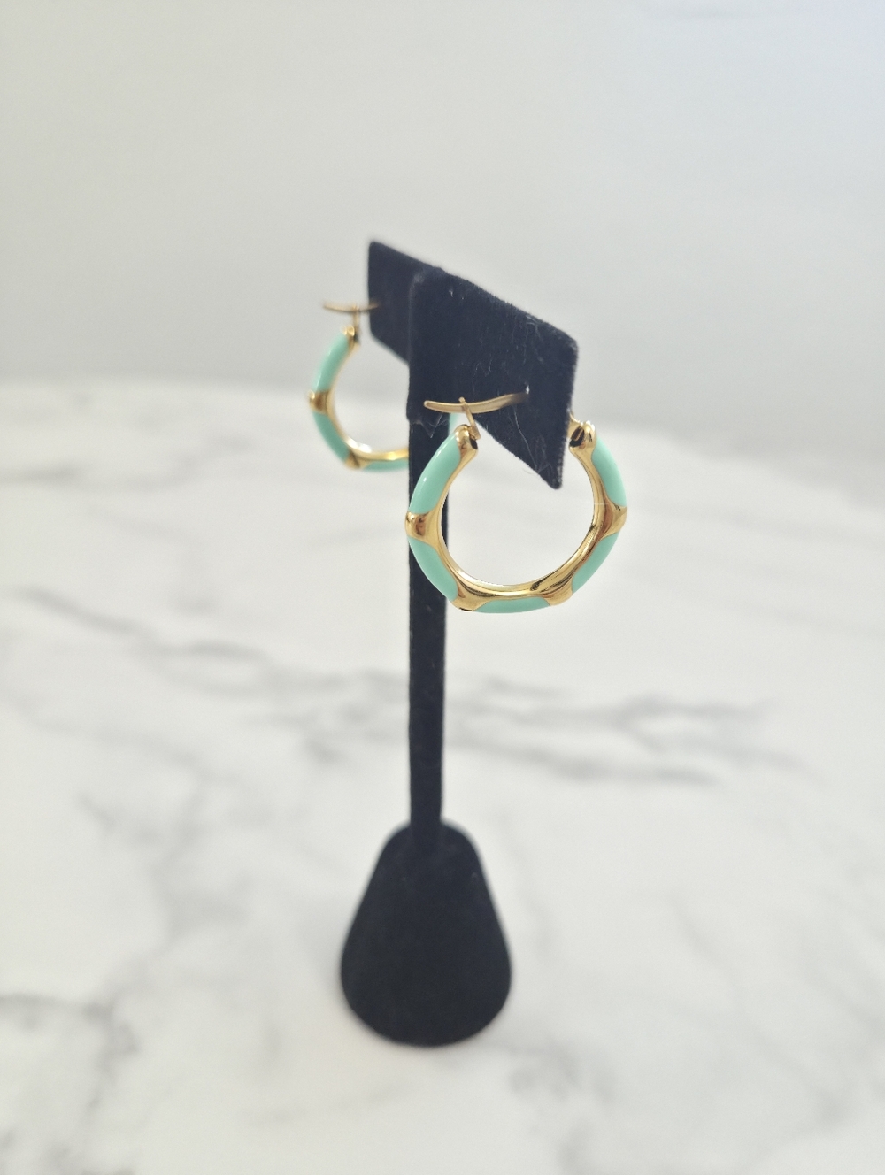 Gold & Vibrant Mint Green Enamel Bamboo Style Hoop Earrings Women Jewelry - Picture 10 of 10